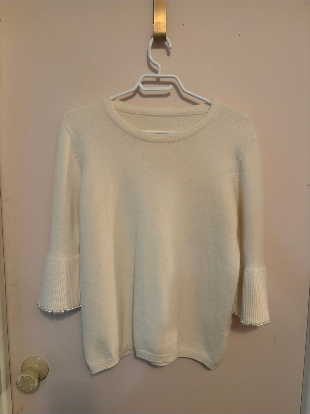 Cream Pearl-Trim Knit Sweater